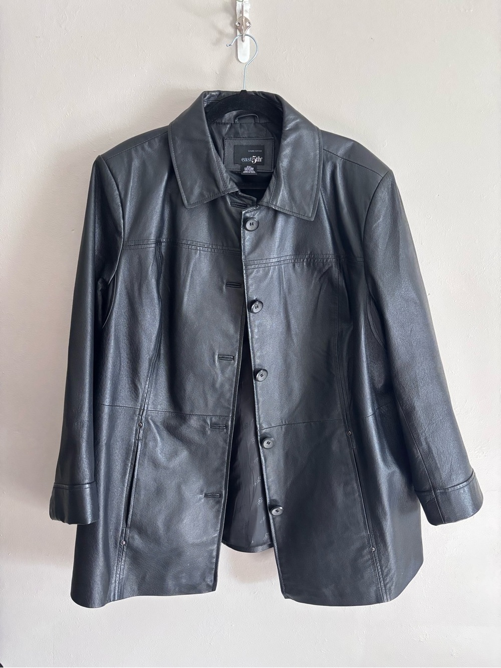 Black Genuine Leather Button-Front Coat